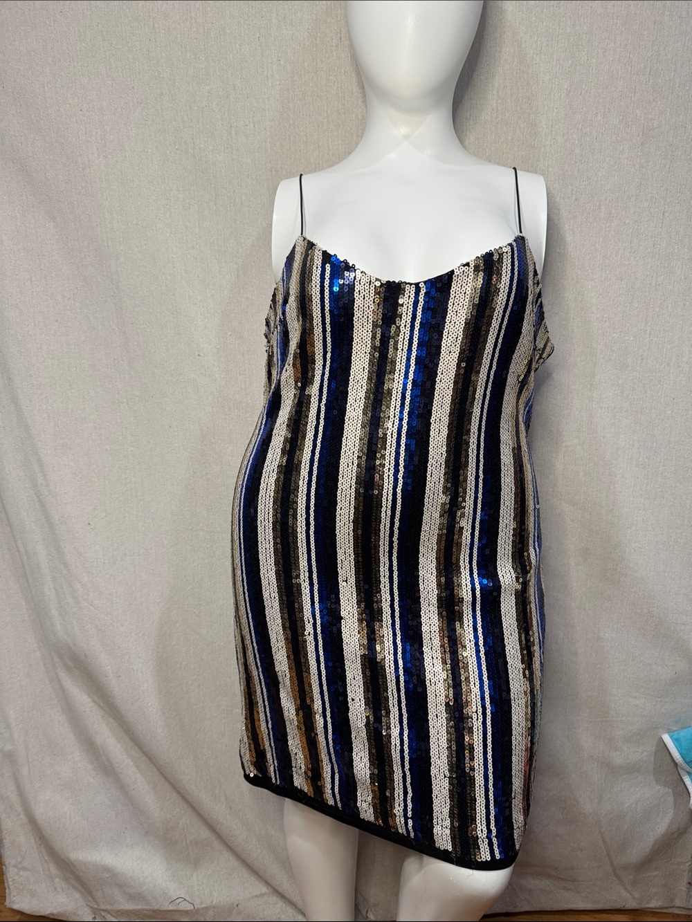 Charlotte Russe Striped Sequin Slip Dress in Blue, Black & Gold